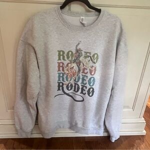 Gray colorful Rodeo Graphic Crewneck Sweater boho colors. Cowboy cowgirl XL